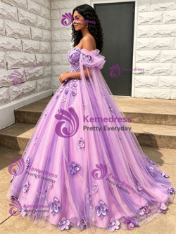 Purple Tulle 3D Flower Quinceanera Dress