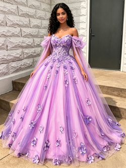 Purple Tulle 3D Flower Quinceanera Dress