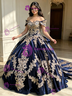 Blue Velvet Off the Shoulder Appliques Quinceanera Dress