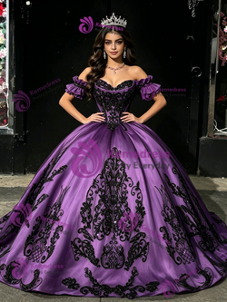 Purple Off The Shoulder Black Appliques Quinceanera Dress