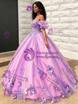Purple Tulle Off the Shoulder Appliques Quinceanera Dress