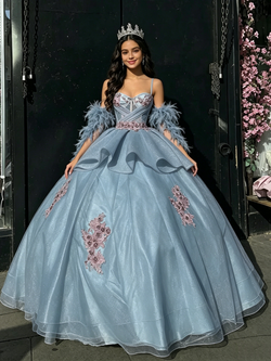 Blue Tulle Appliques Straps Quinceanera Dress