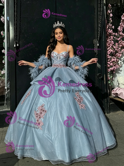 Blue Tulle Appliques Straps Quinceanera Dress