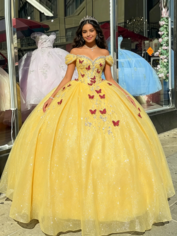 Yellow Tulle Off the Shoulder Beading Quinceanera Dress