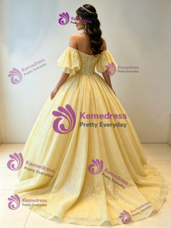 Yellow Tulle Off The Shoulder Beading Quinceanera Dress