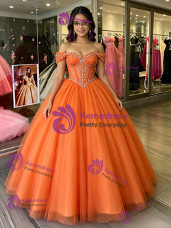 Orange Tulle Off the Shoulder Beading Quinceanera Dress