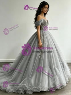 Gray Tulle Off the Shoulder Appliques Quinceanera Dress