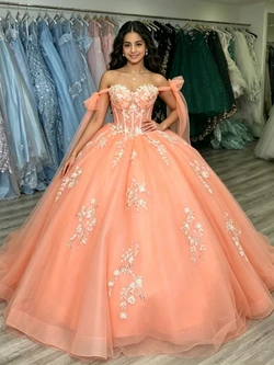 Orange Tulle Off The Shoulder Appliques Quinceanera Dress