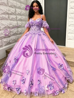 Purple Tulle Off The Shoulder 3D Flower Quinceanera Dress