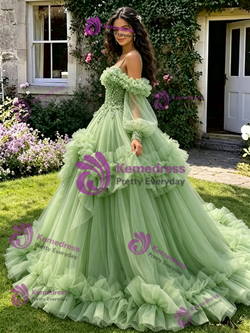 Green Tulle Sequins Straps Long Sleeve Quinceanera Dress