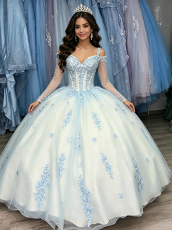 White Tulle Straps Appliques Long Sleeve Quinceanera Dress