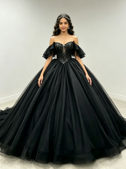 Black Tulle Off the Shoulder Beading Quinceanera Dress