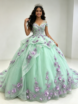 Green Tulle Cap Sleeve 3D Flower Quinceanera Dress