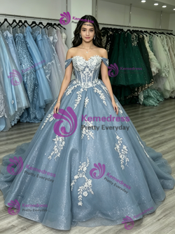 Blue Tulle Off the Shoulder Appliques Quinceanera Dress