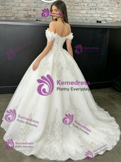 White Tulle Off The Shoulder Flower Quinceanera Dress