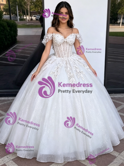 White Tulle Off The Shoulder Appliques Quinceanera Dress