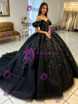 Black Tulle Appliques Quinceanera Dress