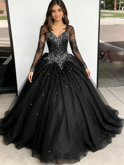 Black Tulle V-Neck Long Sleeve Beading Quinceanera Dress