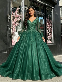 Green Tulle Sequins V-neck Appliques Quinceanera Dress