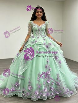 Green Long Sleeve Square Neck Appliques Quinceanera Dress