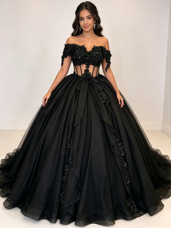 Black Tulle Sequins Appliques Quinceanera Dress