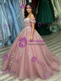 Pink Tulle Off the Shoulder Appliques Quinceanera Dress