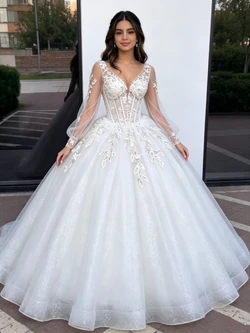 White Tulle V-neck Long Sleeve Quinceanera Dress