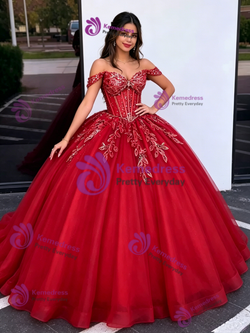 Red Tulle Off the Shoulder Appliques Quinceanera Dress