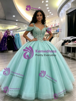 Blue Tulle Straps Appliques Quinceanera Dress