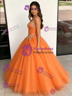 Orange Tulle V-neck Beading Quinceanera Dress