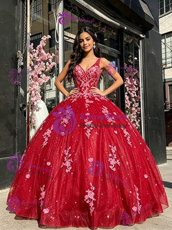 Red Tulle V-neck Appliques Quinceanera Dress