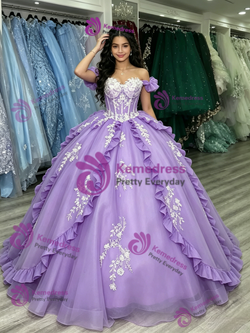 Purple Tulle Off the Shoulder Appliques Quinceanera Dress