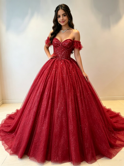 Burgundy Sequins Tulle Beading Quinceanera Dress