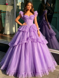 Purple Tulle Straps Beading Quinceanera Dress