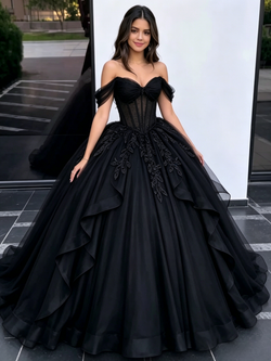 Black Tulle Off the Shoulder Appliques Quinceanera Dress