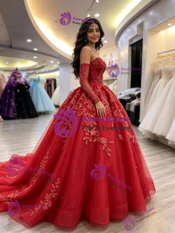 Red Tulle Strapless Appliques Quinceanera Dress