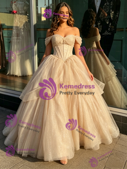 Champagne Tulle Off the Shoulder Quinceanera Dress