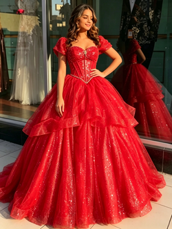 Red Tulle Sequins Beading Quinceanera Dress