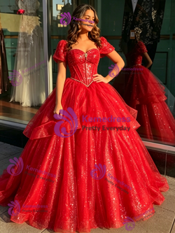 Red Tulle Sequins Beading Quinceanera Dress