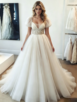 Simple White Tulle V-Neck Puff Sleeve Wedding Dress