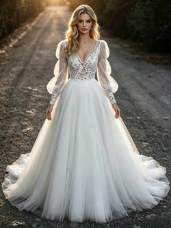 White Tulle Lace Square Neck Long Sleeve Wedding Dress