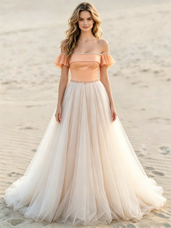 Chamapgne Tulle Off the Shoulder Beading Wedding Dress