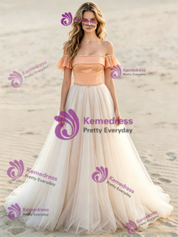 Chamapgne Tulle Off the Shoulder Beading Wedding Dress