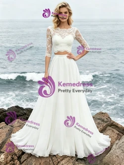 White Two Piece Short Sleeve Wedding Dress