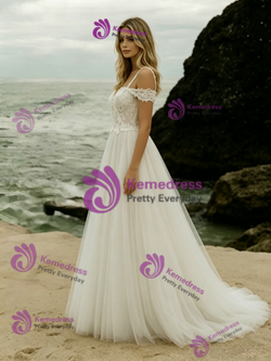White Tulle Straps Lace Wedding Dress