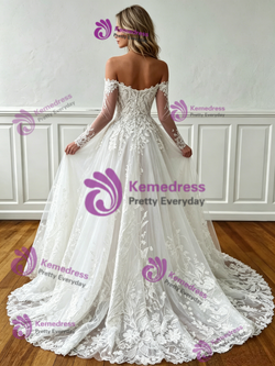 White Tulle Appliques Long Sleeve Wedding Dress