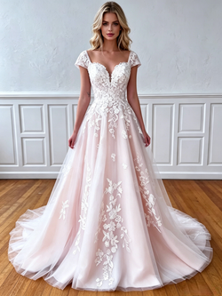 Champagne Tulle Appliques Cap Sleeve Wedding Dress