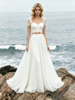 Champagne Tulle Appliques Cap Sleeve Wedding Dress