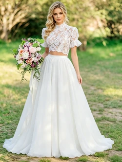 White Two Piece Lace Short Sleeve Wedding Dres