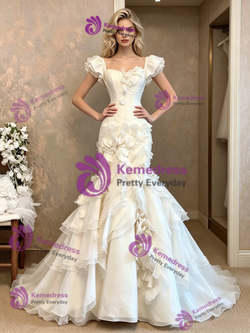 White Mermaid Tulle 3D Flower Wedding Dress